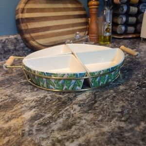 Sectional Dip Bowl Server in Wire Holder Foresty Leafy Pink